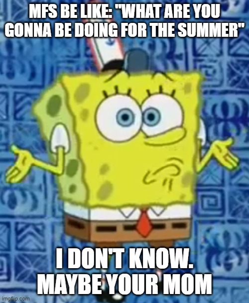 SpongeBob shrug | MFS BE LIKE: "WHAT ARE YOU GONNA BE DOING FOR THE SUMMER"; I DON'T KNOW. MAYBE YOUR MOM | image tagged in spongebob shrug | made w/ Imgflip meme maker