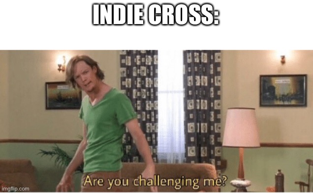 are you challenging me | INDIE CROSS: | image tagged in are you challenging me | made w/ Imgflip meme maker