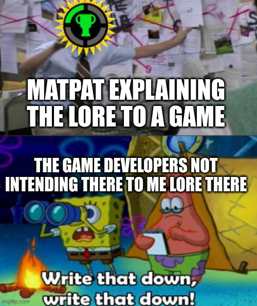 Matpat explaining | MATPAT EXPLAINING THE LORE TO A GAME; THE GAME DEVELOPERS NOT INTENDING THERE TO ME LORE THERE | image tagged in matpat explaining | made w/ Imgflip meme maker