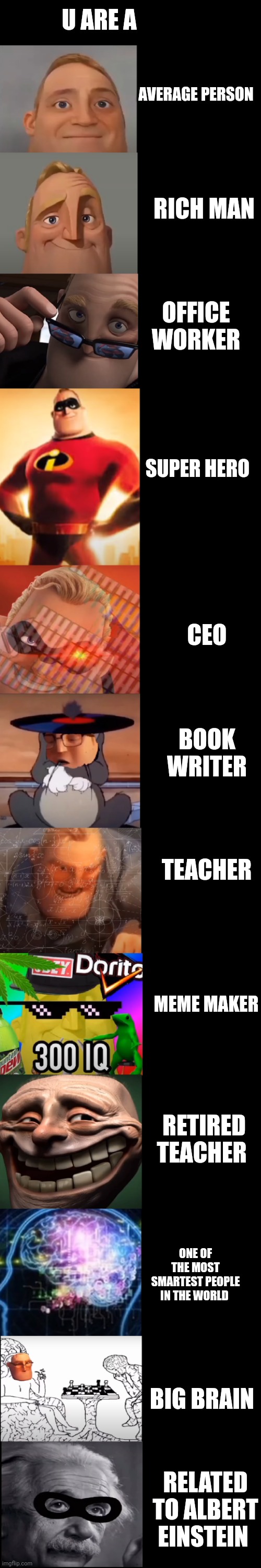 Huh | U ARE A; AVERAGE PERSON; RICH MAN; OFFICE WORKER; SUPER HERO; CEO; BOOK WRITER; TEACHER; MEME MAKER; RETIRED TEACHER; ONE OF THE MOST SMARTEST PEOPLE IN THE WORLD; BIG BRAIN; RELATED TO ALBERT EINSTEIN | image tagged in mr incredible becoming smart | made w/ Imgflip meme maker