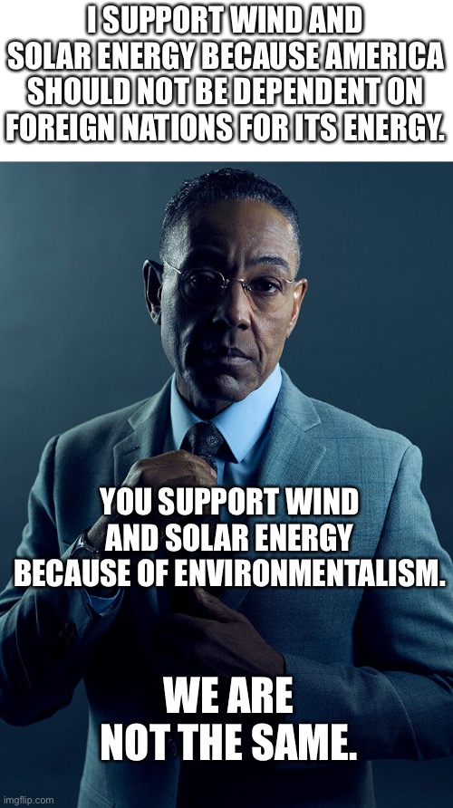 Gus Fring we are not the same | I SUPPORT WIND AND SOLAR ENERGY BECAUSE AMERICA SHOULD NOT BE DEPENDENT ON FOREIGN NATIONS FOR ITS ENERGY. YOU SUPPORT WIND AND SOLAR ENERGY BECAUSE OF ENVIRONMENTALISM. WE ARE NOT THE SAME. | image tagged in gus fring we are not the same | made w/ Imgflip meme maker