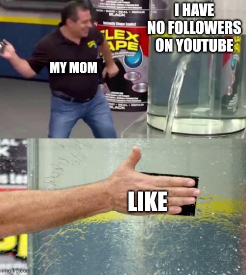 Flex Tape | I HAVE NO FOLLOWERS ON YOUTUBE; MY MOM; LIKE | image tagged in flex tape,funny,memes,funny memes,youtube,your mom | made w/ Imgflip meme maker