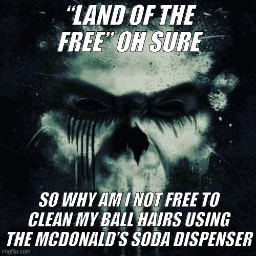 Punisher skull | “LAND OF THE FREE” OH SURE; SO WHY AM I NOT FREE TO CLEAN MY BALL HAIRS USING THE MCDONALD’S SODA DISPENSER | image tagged in punisher skull | made w/ Imgflip meme maker
