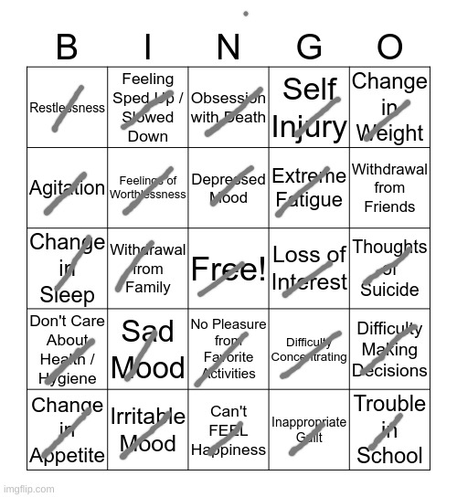 Well... I got the whole thing except for one... ? | image tagged in depression bingo 1 | made w/ Imgflip meme maker