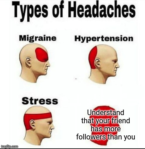 Types of Headaches meme | Understand that your friend has more followers than you | image tagged in types of headaches meme,memes,fun,funny,imgflip,friendship | made w/ Imgflip meme maker