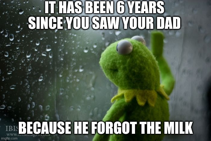 kermit window | IT HAS BEEN 6 YEARS SINCE YOU SAW YOUR DAD; BECAUSE HE FORGOT THE MILK | image tagged in kermit window | made w/ Imgflip meme maker