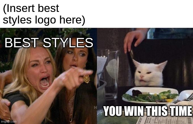 Woman Yelling At Cat | (Insert best styles logo here); BEST STYLES; YOU WIN THIS TIME | image tagged in memes,woman yelling at cat | made w/ Imgflip meme maker