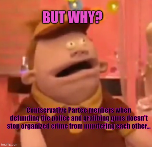 Contservative Partee menbers when defunding the police and grabbing guns doesn't stop organized crime from murdering each other... BUT WHY? | made w/ Imgflip meme maker