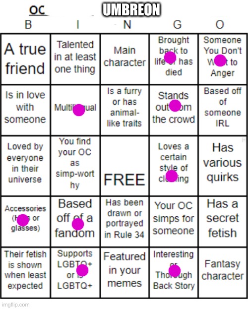 ask anything about what ive covered and ill answer. memechat me for a more thourough backstory. | UMBREON | image tagged in jer-sama's oc bingo | made w/ Imgflip meme maker