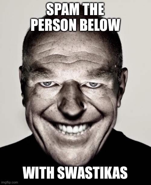 Creepy hank smiling | SPAM THE PERSON BELOW; WITH SWASTIKAS | image tagged in creepy hank smiling | made w/ Imgflip meme maker