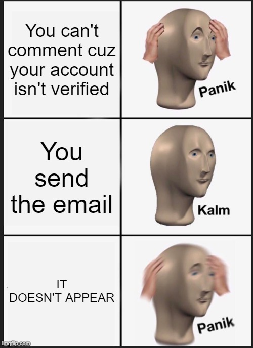 Hey, any chance this is a bug? | You can't comment cuz your account isn't verified; You send the email; IT DOESN'T APPEAR | image tagged in memes,panik kalm panik | made w/ Imgflip meme maker