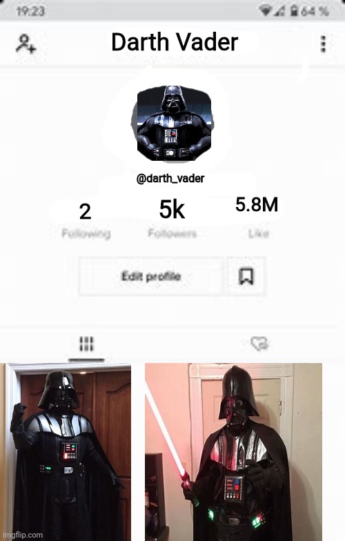 This came from the bottom of my airhead brain. Behold. The dork side of Vader | Darth Vader; @darth_vader; 5.8M; 5k; 2 | image tagged in darth vader,tik tok,tiktok,oh wow are you actually reading these tags,what have i done | made w/ Imgflip meme maker