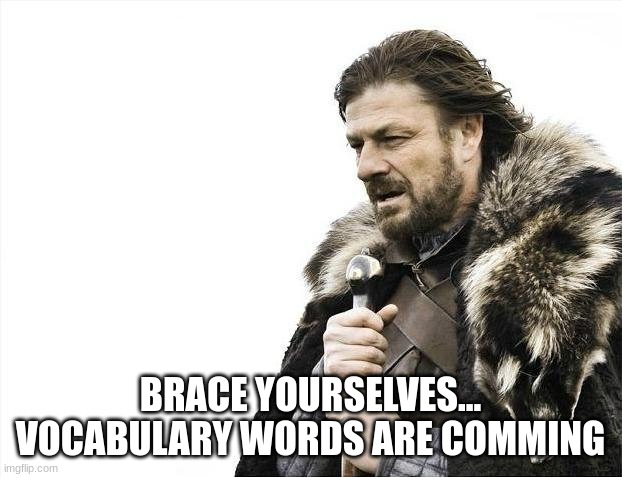 just brace yoselvs they be commin' | BRACE YOURSELVES...
VOCABULARY WORDS ARE COMMING | image tagged in memes,brace yourselves x is coming | made w/ Imgflip meme maker