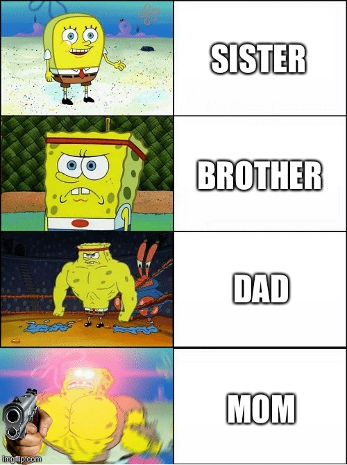 This. Is family | SISTER; BROTHER; DAD; MOM | image tagged in sponge finna commit muder | made w/ Imgflip meme maker