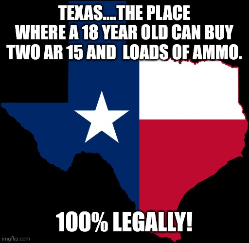 Texas Big | TEXAS....THE PLACE WHERE A 18 YEAR OLD CAN BUY TWO AR 15 AND  LOADS OF AMMO. 100% LEGALLY! | image tagged in gun control,conservative,mass shooting,republican,texas,democrat | made w/ Imgflip meme maker