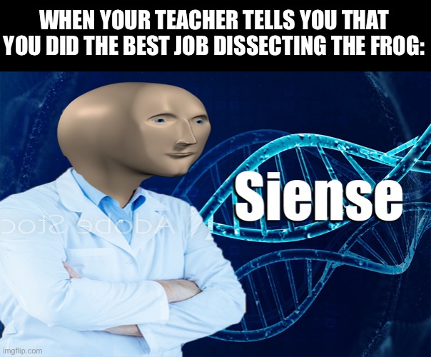 Frog dissecting is gross | WHEN YOUR TEACHER TELLS YOU THAT YOU DID THE BEST JOB DISSECTING THE FROG: | image tagged in stonks siense | made w/ Imgflip meme maker