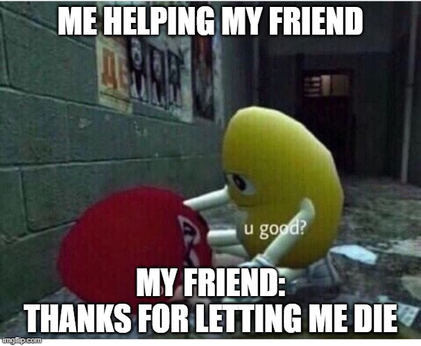 U Good No | ME HELPING MY FRIEND; MY FRIEND:
THANKS FOR LETTING ME DIE | image tagged in u good no | made w/ Imgflip meme maker