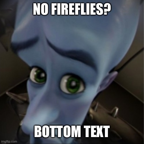 Megamind peeking | NO FIREFLIES? BOTTOM TEXT | image tagged in megamind peeking | made w/ Imgflip meme maker