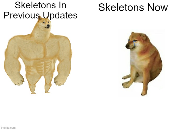 Haha, Shields go brrrrrr | Skeletons In Previous Updates; Skeletons Now | image tagged in memes,buff doge vs cheems,minecraft,skeleton | made w/ Imgflip meme maker