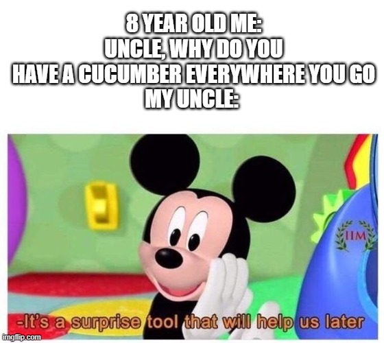 loosing the V card | 8 YEAR OLD ME: UNCLE, WHY DO YOU HAVE A CUCUMBER EVERYWHERE YOU GO
MY UNCLE: | image tagged in it's a surprise tool that will help us later | made w/ Imgflip meme maker