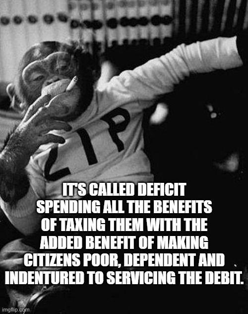 Zip the Smoking Chimp | IT'S CALLED DEFICIT SPENDING ALL THE BENEFITS OF TAXING THEM WITH THE ADDED BENEFIT OF MAKING CITIZENS POOR, DEPENDENT AND INDENTURED TO SER | image tagged in zip the smoking chimp | made w/ Imgflip meme maker