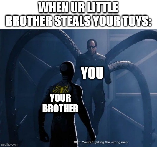 you're fighting the wrong man |  WHEN UR LITTLE BROTHER STEALS YOUR TOYS:; YOU; YOUR BROTHER | image tagged in you're fighting the wrong man,little brother,toys | made w/ Imgflip meme maker