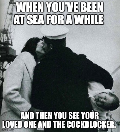 Navy man | WHEN YOU’VE BEEN AT SEA FOR A WHILE; AND THEN YOU SEE YOUR LOVED ONE AND THE COCKBLOCKER. | image tagged in navy,ww2 | made w/ Imgflip meme maker