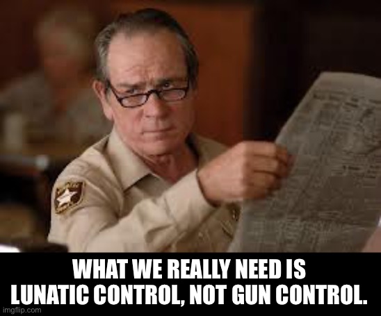 Control the lunatics | WHAT WE REALLY NEED IS LUNATIC CONTROL, NOT GUN CONTROL. | image tagged in no country for old men tommy lee jones | made w/ Imgflip meme maker