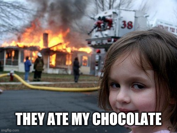 Chocolate lover disaster | THEY ATE MY CHOCOLATE | image tagged in memes,disaster girl | made w/ Imgflip meme maker