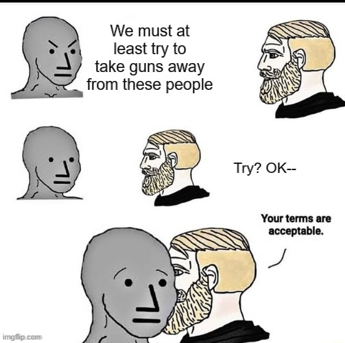 Your terms are acceptable | We must at least try to take guns away from these people; Try? OK-- | image tagged in your terms are acceptable | made w/ Imgflip meme maker