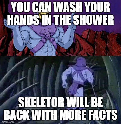 The more you know skelletor | YOU CAN WASH YOUR HANDS IN THE SHOWER; SKELETOR WILL BE BACK WITH MORE FACTS | image tagged in the more you know skelletor | made w/ Imgflip meme maker