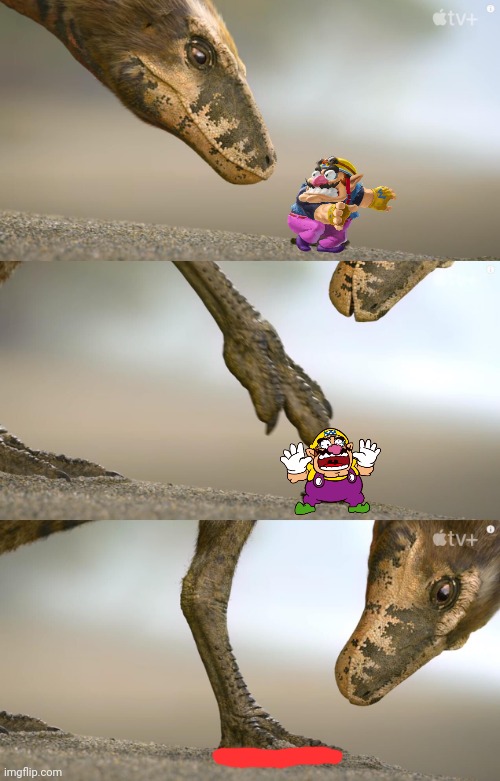 Wario gets stepped by a baby t rex after he ate a mini mushroom.mp3 | image tagged in wario dies,wario,prehistoric plant,t rex,animals,prehistoric | made w/ Imgflip meme maker