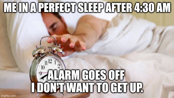 sleeping for 5 min before my alarm | ME IN A PERFECT SLEEP AFTER 4:30 AM; ALARM GOES OFF 
I DON'T WANT TO GET UP. | image tagged in 5 min before my alarm | made w/ Imgflip meme maker
