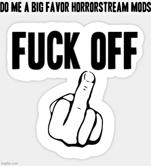 Fuck you Horrorstream mods!!! fucking assholes D:< | image tagged in fuck off,middle finger,go fuck off horrorstream mods,seriously go fuck off,you think that was funny heres an lmfao fuckers | made w/ Imgflip meme maker