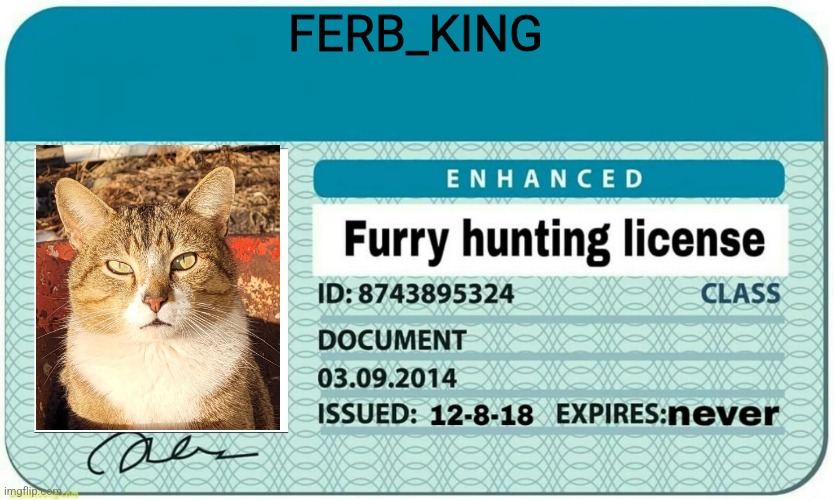 furry hunting license | FERB_KING | image tagged in furry hunting license | made w/ Imgflip meme maker