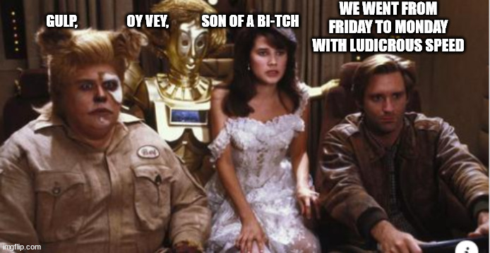 spaceballs | WE WENT FROM FRIDAY TO MONDAY WITH LUDICROUS SPEED; GULP,                  OY VEY,            SON OF A BI-TCH | image tagged in funny spaceballs,funny | made w/ Imgflip meme maker