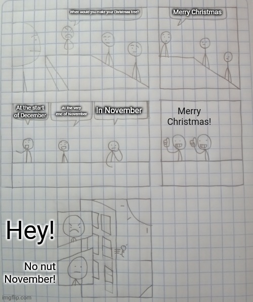 A good example |  When would you make your Christmas tree? Merry Christmas; Merry Christmas! In November; At the very end of November; At the start of December; Hey! No nut November! | image tagged in boardroom meeting suggestion,memes,funny | made w/ Imgflip meme maker