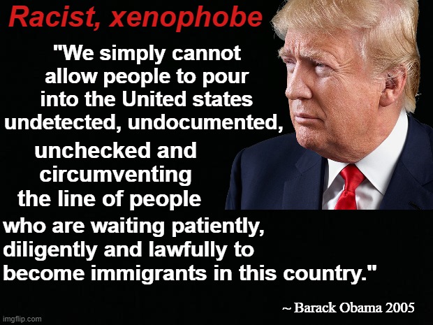 exposing the mainstream medias false narratives. |  "We simply cannot allow people to pour into the United states undetected, undocumented, Racist, xenophobe; unchecked and circumventing the line of people; who are waiting patiently, diligently and lawfully to become immigrants in this country."; ~ Barack Obama 2005 | image tagged in racist trump,xenophobic trump,barack obama quote,trump quote,illegal immigration | made w/ Imgflip meme maker