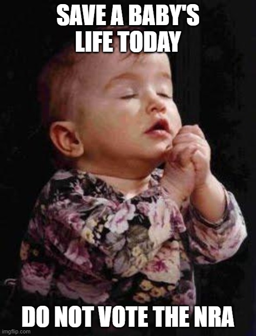 Baby Praying | SAVE A BABY'S LIFE TODAY; DO NOT VOTE THE NRA | image tagged in baby praying | made w/ Imgflip meme maker
