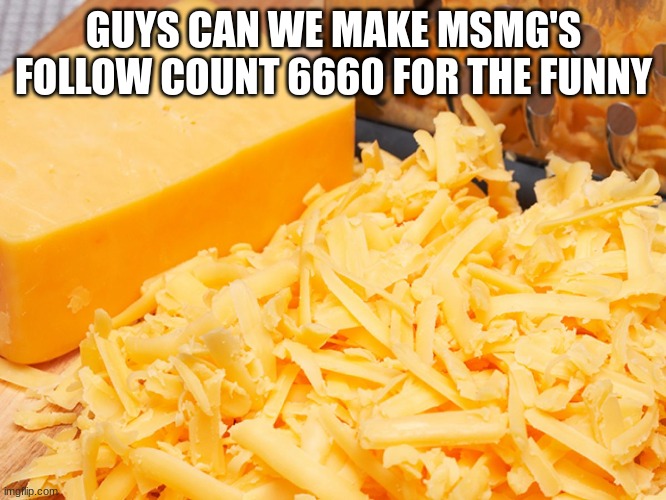 Cheese | GUYS CAN WE MAKE MSMG'S FOLLOW COUNT 6660 FOR THE FUNNY | image tagged in cheese | made w/ Imgflip meme maker