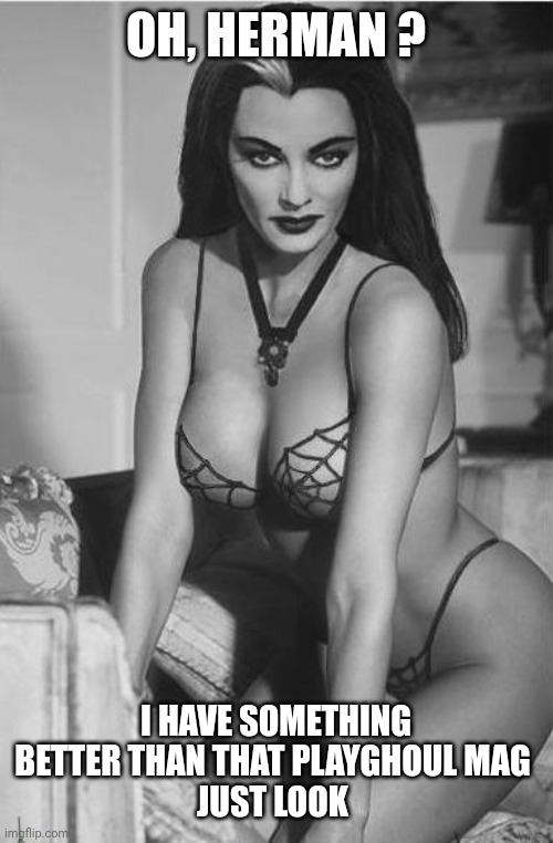 lily munster sexy | OH, HERMAN ? I HAVE SOMETHING BETTER THAN THAT PLAYGHOUL MAG 
JUST LOOK | image tagged in lily munster sexy | made w/ Imgflip meme maker