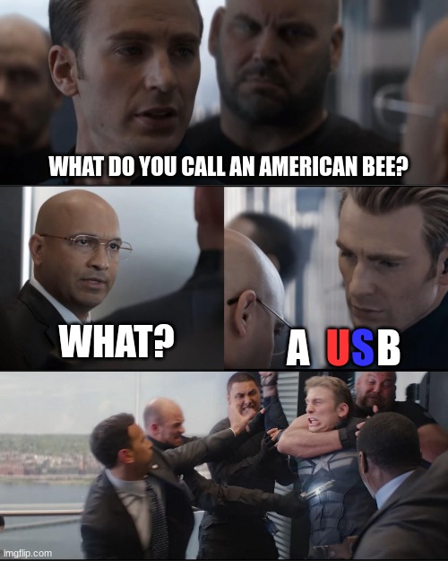 Bee version of Captain America confirmed? |  WHAT DO YOU CALL AN AMERICAN BEE? WHAT? S; B; A; U | image tagged in captian america being beated,jokes,lol,memes,pun | made w/ Imgflip meme maker