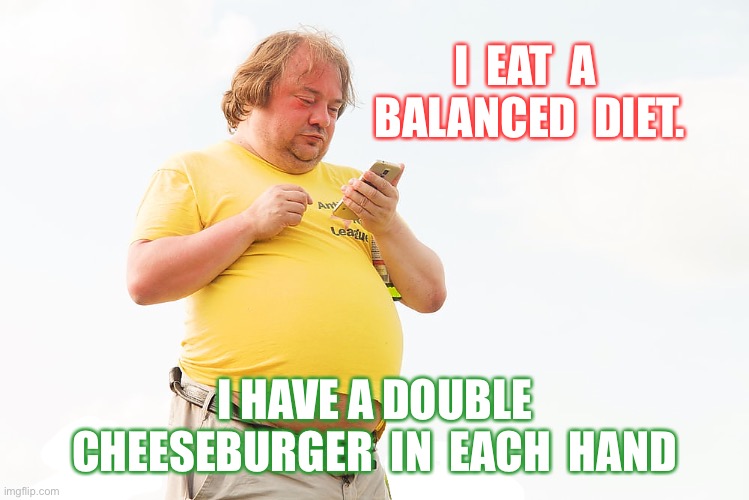 Balanced diet |  I  EAT  A  BALANCED  DIET. I HAVE A DOUBLE CHEESEBURGER  IN  EACH  HAND | image tagged in cheeseburger,in each hand,big mac,diet,fun | made w/ Imgflip meme maker