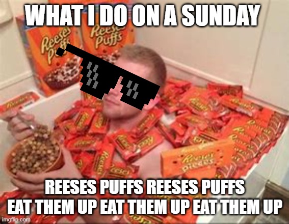 me on sunday | WHAT I DO ON A SUNDAY; REESES PUFFS REESES PUFFS EAT THEM UP EAT THEM UP EAT THEM UP | image tagged in lol | made w/ Imgflip meme maker