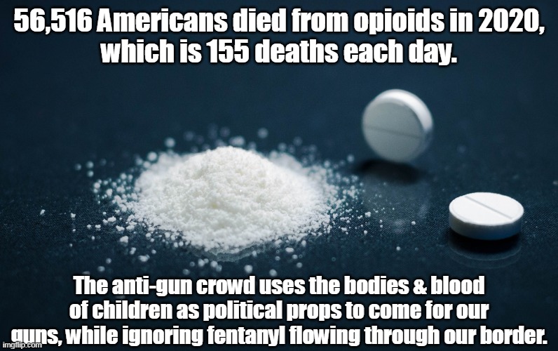 The borders that Democrats insist on leaving wide open. | 56,516 Americans died from opioids in 2020,
which is 155 deaths each day. The anti-gun crowd uses the bodies & blood of children as political props to come for our guns, while ignoring fentanyl flowing through our border. | image tagged in fentanyl,illegal immigration,drugs,secure the border,2nd amendment | made w/ Imgflip meme maker