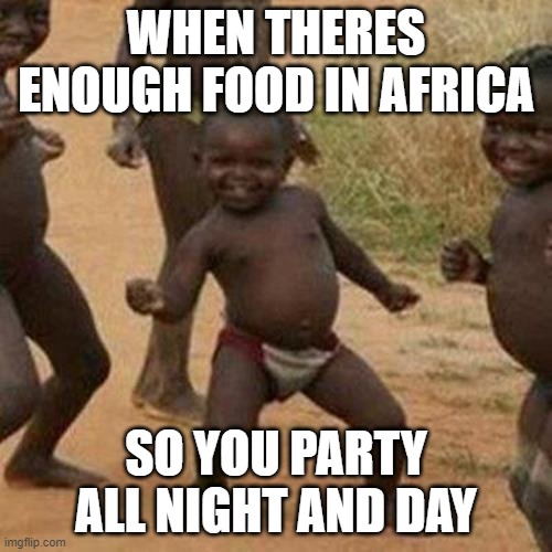 africa meme |  WHEN THERES ENOUGH FOOD IN AFRICA; SO YOU PARTY ALL NIGHT AND DAY | image tagged in memes,third world success kid,feed the hungry,africa,theres starving children in africa | made w/ Imgflip meme maker