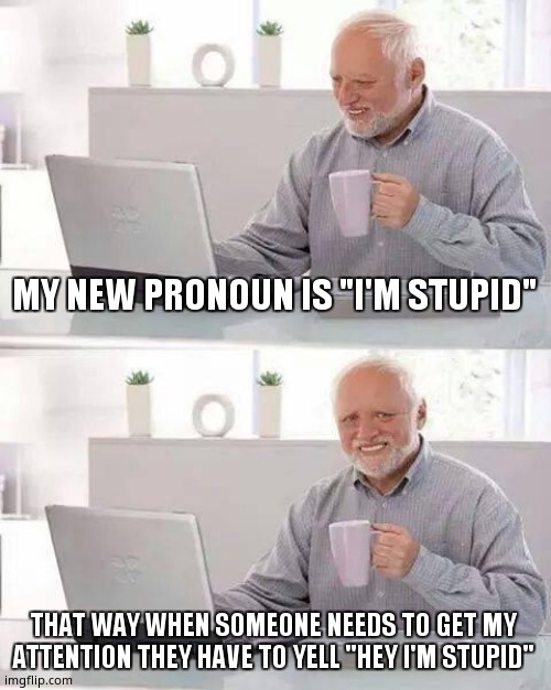 My New Pronoun | MY NEW PRONOUN IS "I'M STUPID"; THAT WAY WHEN SOMEONE NEEDS TO GET MY ATTENTION THEY HAVE TO YELL "HEY I'M STUPID" | image tagged in memes,hide the pain harold | made w/ Imgflip meme maker