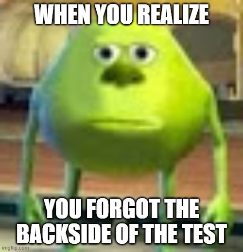 Uh-Oh | WHEN YOU REALIZE; YOU FORGOT THE BACKSIDE OF THE TEST | image tagged in sully wazowski | made w/ Imgflip meme maker