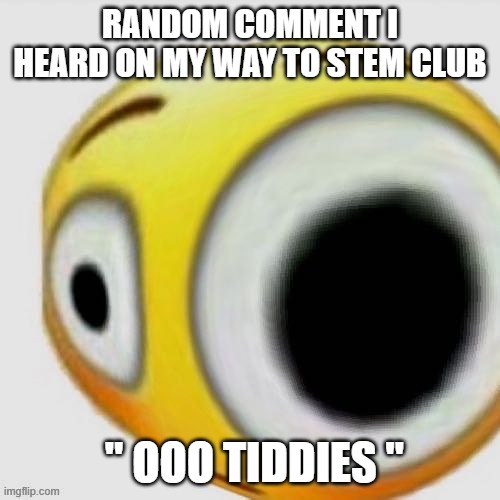 Big eye flushed | RANDOM COMMENT I HEARD ON MY WAY TO STEM CLUB; " OOO TIDDIES " | image tagged in big eye flushed | made w/ Imgflip meme maker