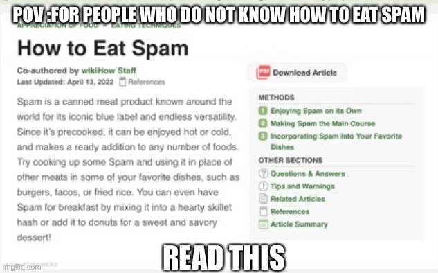 Eat Spam | POV :FOR PEOPLE WHO DO NOT KNOW HOW TO EAT SPAM; READ THIS | image tagged in spam | made w/ Imgflip meme maker